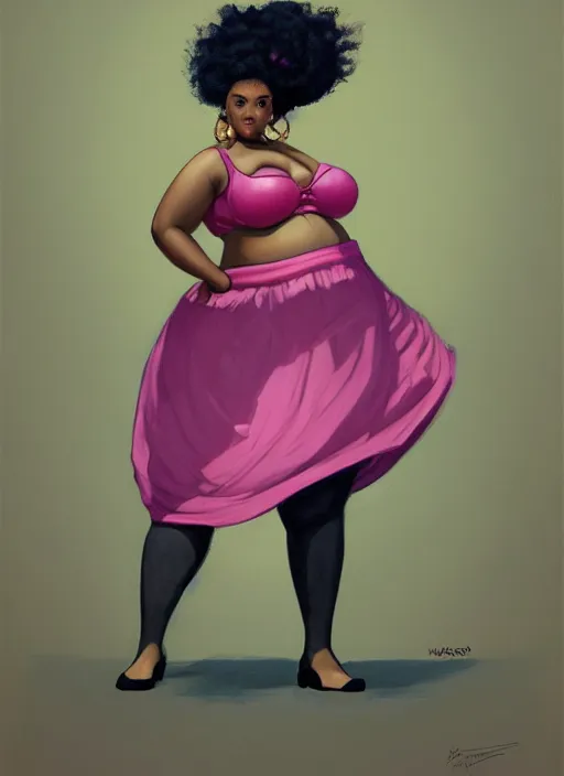 Image similar to full body portrait, teenage vanessa morgan, pink hair, obese, black girl, curly pixie hair, sultry, realistic, short hair, hoop earrings, skirt, shirt, fat, belly, intricate, elegant, highly detailed, digital painting, artstation, concept art, smooth, sharp focus, illustration, art by wlop, mars ravelo and greg rutkowski