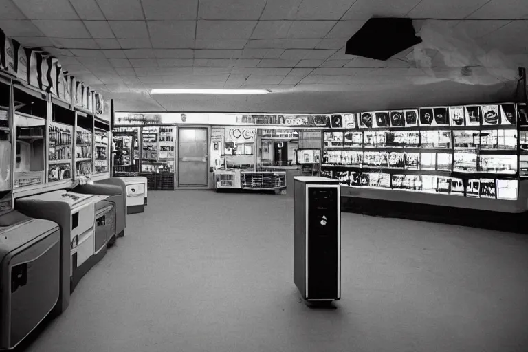 Image similar to large metallic skull attached to an infinitely long coiled cable, stoic and calm, inside of an unlit 1970s convenience store with a soviet computer console on the wall, ektachrome photograph, volumetric lighting, f8 aperture, cinematic Eastman 5384 film