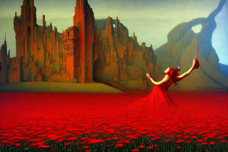 Image similar to only with red, red flowers of different types, a castle in the background, red orcs and trolls dance over the flowers, in the style of beksinski, part by hopper, part by rodcenko, part by hofbauer, intricate composition, red by caravaggio, insanely quality, highly detailed, masterpiece, red light, artstation, 8 k