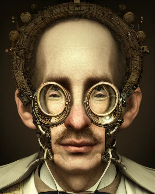 Image similar to mysterious portrait of victorian man scientist, steampunk, highly detailed, intricate details, cinematic lighting, 8k resolution, unreal engine 5, octane render, symmetry, hyperrealistic, photorealistic, by giger and beksinski