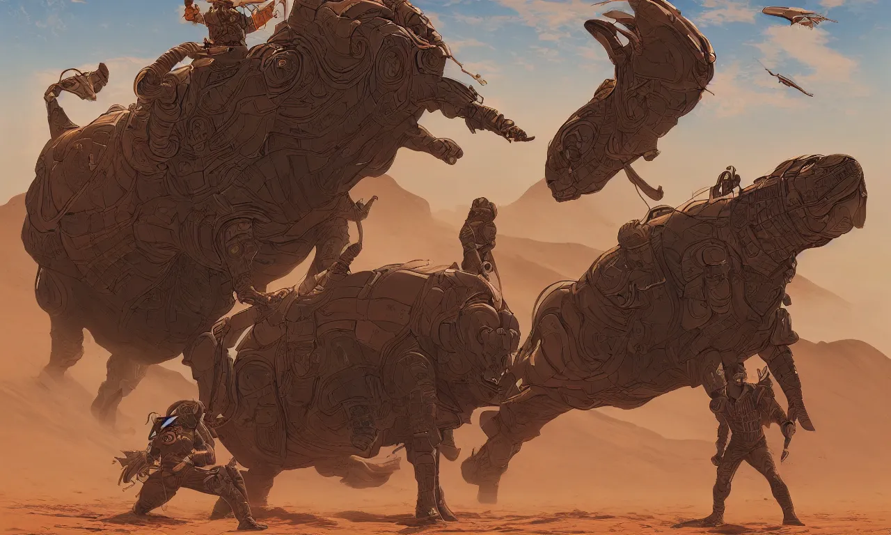 Prompt: detailed painting of dune movie, desert landscape, huge bull emerging from the sand, trending on artstation, by josan gonzalez, flat colors