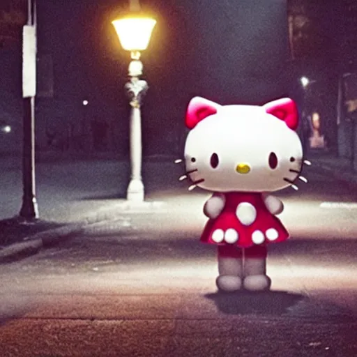 Image similar to film still of a human sized hello kitty with a knife standing on an empty street beneath a lamp, grainy, horror movie, creepy, eerie, dark, great cinematography, amazing lighting, directed by scott derrickson and sam raimi and fede alvarez