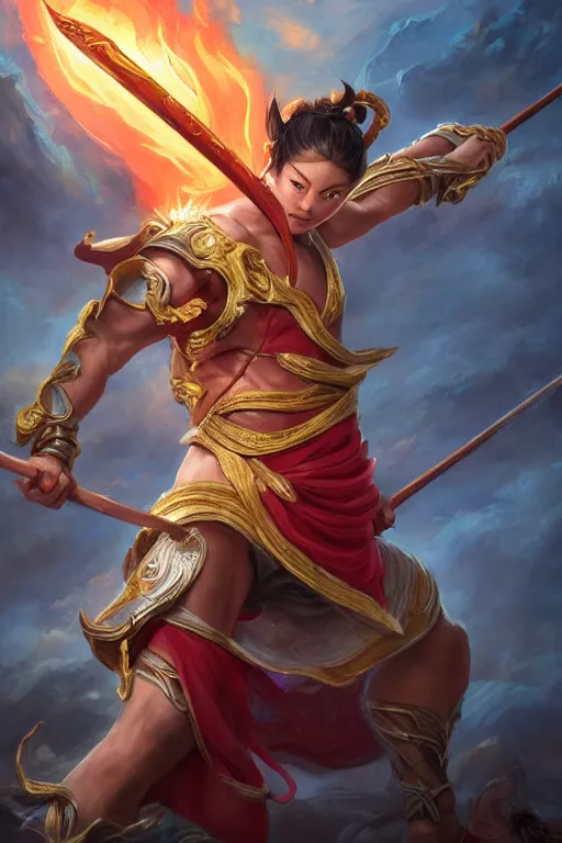 Image similar to a masterpiece portrait of nezha, legendary god holding spear, boy, flame everywhere, epic pose, fantasy character portrait, closeup shot, hyper detailed, digital painting, 8 k realistic, trending on artstation, sharp focus, dof, by fenghua zhong, artgerm, ne zha from smite, jeff easley, raymond swanland