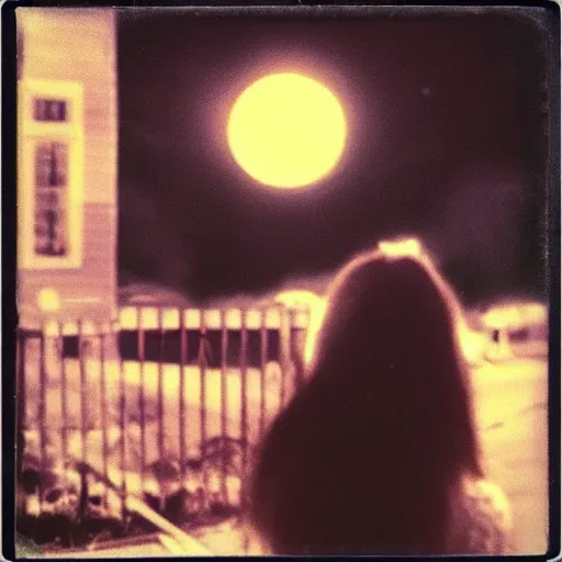 Image similar to a woman in the background a house on fire and she is smiling and the moon is purple, polaroid photo, perfect photo, photo pinterest