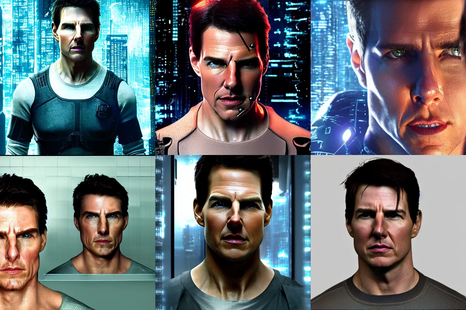 Prompt: A mugshot of a cybernetically enhanced tom cruise, cyberpunk, augmented, still from altered carbon, matte painting, Artstation, CGsociety