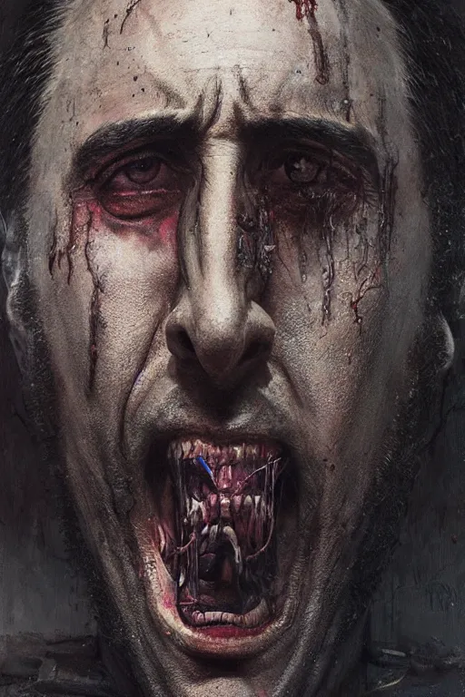 Prompt: Portrait of Nicolas Cage as mechanical killer cyborg screaming dark, intricate, smooth, artstation, painted by Wayne Barlowe, Greg Rutkowski, Zdislav Beksinski