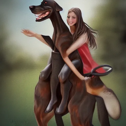 Image similar to girl riding a giant doberman at the park, trending on artstation