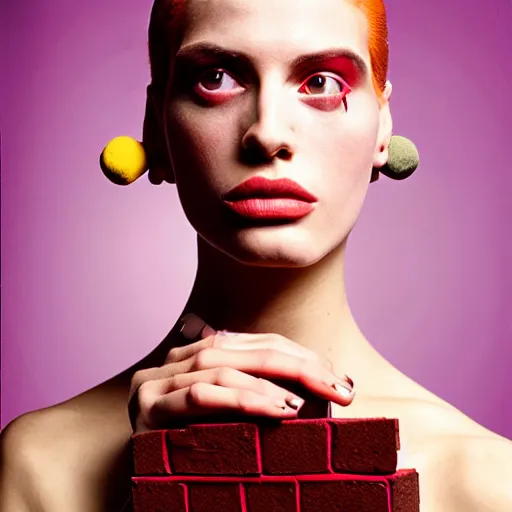 Image similar to a studio close - up portrait of a beautiful fashion model holding a brick to her ear. surreal photograph, lo - fi, polished look, silly and serious, hermes ad, fashion photography, toiletpaper magazine by pierpaolo ferrari and maurizio cattelan, 3 5 mm photograph, colourful, by pierpaolo ferrari, maurizio cattelan, david lachapelle