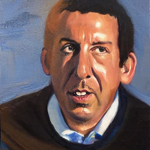 Image similar to adam sandler as a very old man sitting in a rocking chair, oil painting