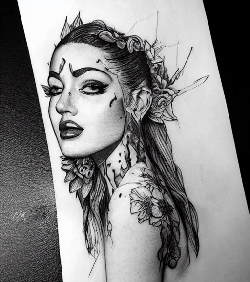 Prompt: amazing blend effect of a beautiful woman face next to mighty mountains, tattoo design sketch, hyper - realistic, in the style of matteo pasqualin, amazing detail, black and white