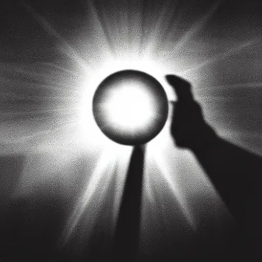 Prompt: an all - seeing eye floating in the sky over a city, high contrast, low key, black and white, lens flare, newspaper, film grain