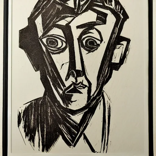 Prompt: Erich Heckel print portrait of a Man in the style of Egon Schiele, german expressionist print, woodcut print