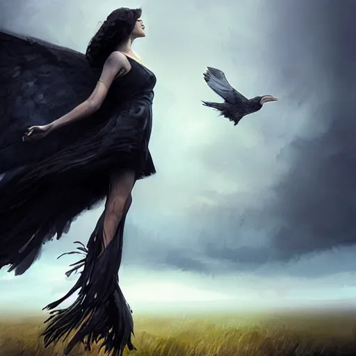 Image similar to morning, a woman in a black dress with raven for a head. sun, cinematic, clouds, vogue cover style, contracting colors mood, realistic painting, intricate oil painting, high detail, figurative art, multiple exposure, poster art, 3 d, by simon bisley, ismail inceoglu, wadim kashin, filip hodas.