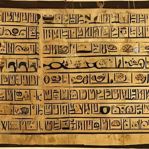 Prompt: papyrus scroll from 6 5 0 bc showing a list of ancient emojis, realistic, clear, detailed, worn w 1 0 2 4 h 4 4 8