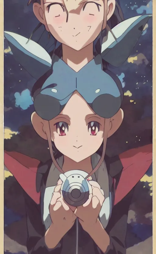 Image similar to a pokemon go card from 1 9 5 0, illustration, concept art, anime key visual, trending pixiv fanbox, by wlop and greg rutkowski and makoto shinkai and studio ghibli and kyoto animation and ken sugimori, symmetrical facial features, pocket monster companion, box art