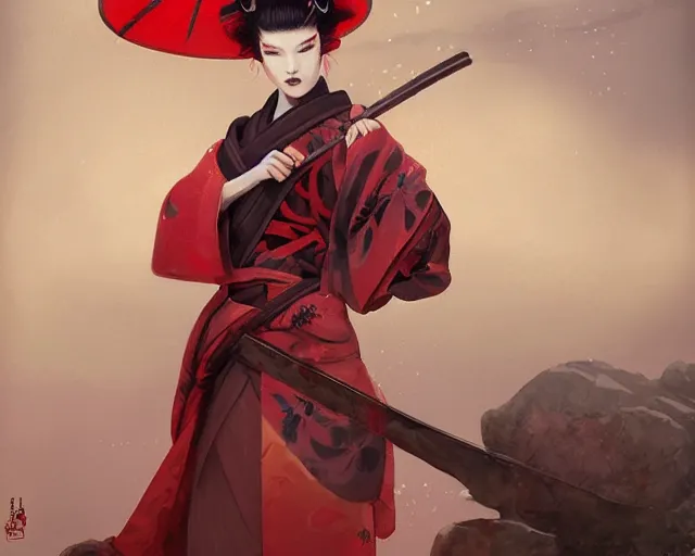 Image similar to A highly detailed female ronin warrior in a red kimono by Peter Mohrbacher, a cherry blossom dojo background by Kelly Mckernan, trending on artstation, HD,