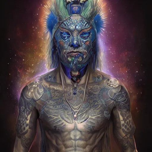 Image similar to a WLOP 3d render of Very very very very highly detailed mystic, enigmatic, strange portrait of a phantom warrior with galaxy, tattoos by Anton Pieck, intricate, extremely detailed, digital painting, artstation, concept art, smooth, sharp focus, illustration, intimidating lighting, incredible art,