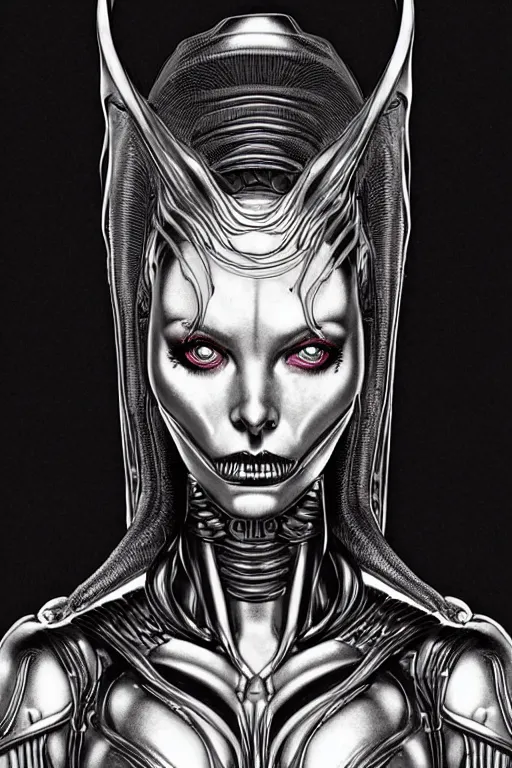 Prompt: a sensual erotic futuristic alien queen bust, with confident glowering eyes, extremely detailed frontal declotage and thick flowing hair circuitry, perfectly symmetrical facial structure and skeletal anatomy, mixed media illustration, aquiline facial features and primordial beauty, by bill sienkiewicz and frank frazetta and travis charest, fantasy, intricate complexity, female facial structure, accurate human anatomy mixed with hyper-evolved alien and cyborg characteristics, sci-fi character concept, photorealism, splatter, bleed, epic clouds and lighting, hyperrealism 8k