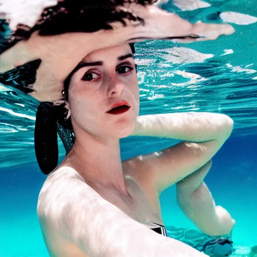 Prompt: young polly jean harvey wearing a swimsuit, swimming underwater, underwater photography, attractive curves, beautiful face, whole body photography, 4 k cinematic photo, hyperrealistic.