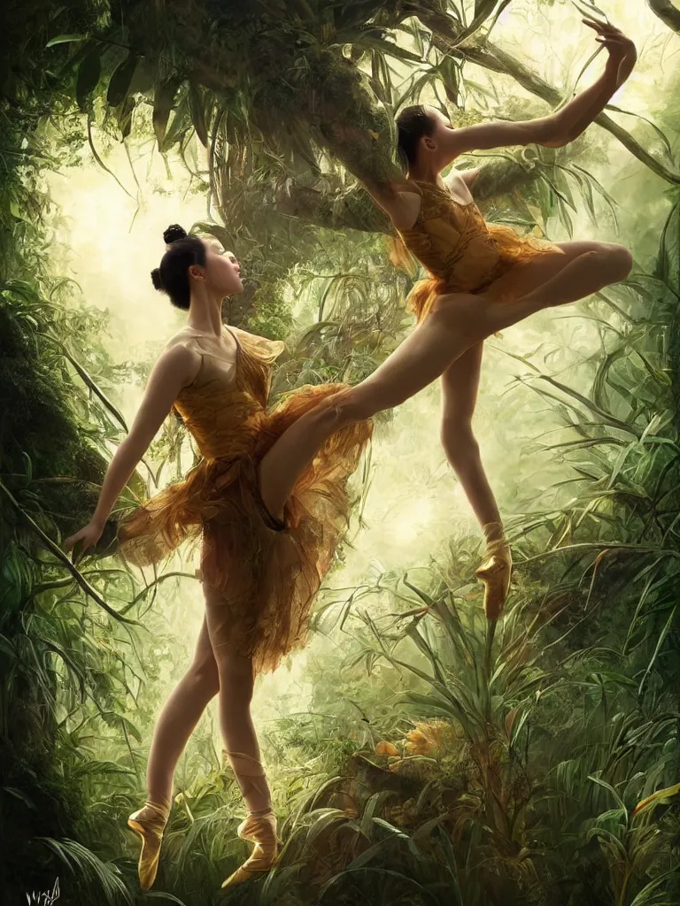 Image similar to stunningly beautiful, asian prima ballerina in jungle, symmetrical face, golden hour, smooth, focus, highly detailed, hyper realistic, dramatic lighting, elegant, intricate, concept art, art by wlop, mars ravelo, greg rutowski