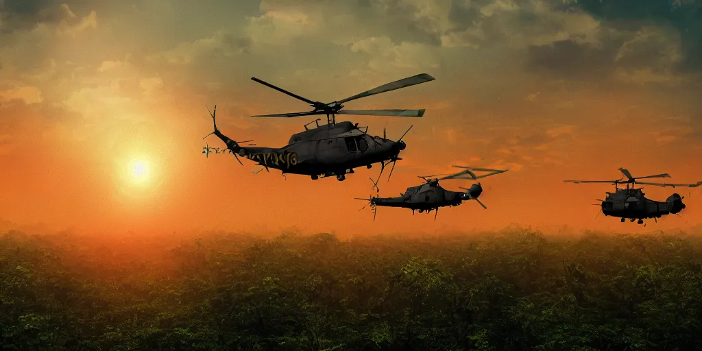 Image similar to Painting of vietnam Huey Helicopters, above a forest, orange sun set, abstract, realism, high details, glow, far, distance, over the horizon, drawn, 8k, octane render, 3D