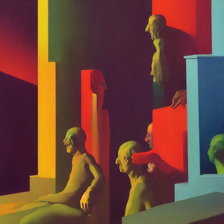 Image similar to portrait rainbow people, Edward Hopper and James Gilleard, Zdzislaw Beksinski, highly detailed