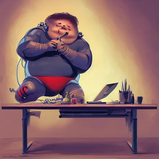 Image similar to a insanely detailed painting of a slightly overweight man wearing a homemade superhero costumed, sitting at a computer desk, nervously and clicking on the mouse, in the style of peter mohrbacher, dramatic lighting and composition, trending on artstation, concept art, comic book, graphic novel