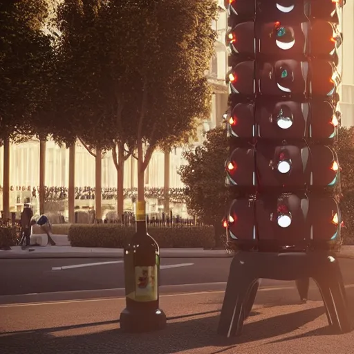 Prompt: a giant robotic bottle of wine is going crazy on champs elysées, unreal engine, octane render, by Greg Rutkowski