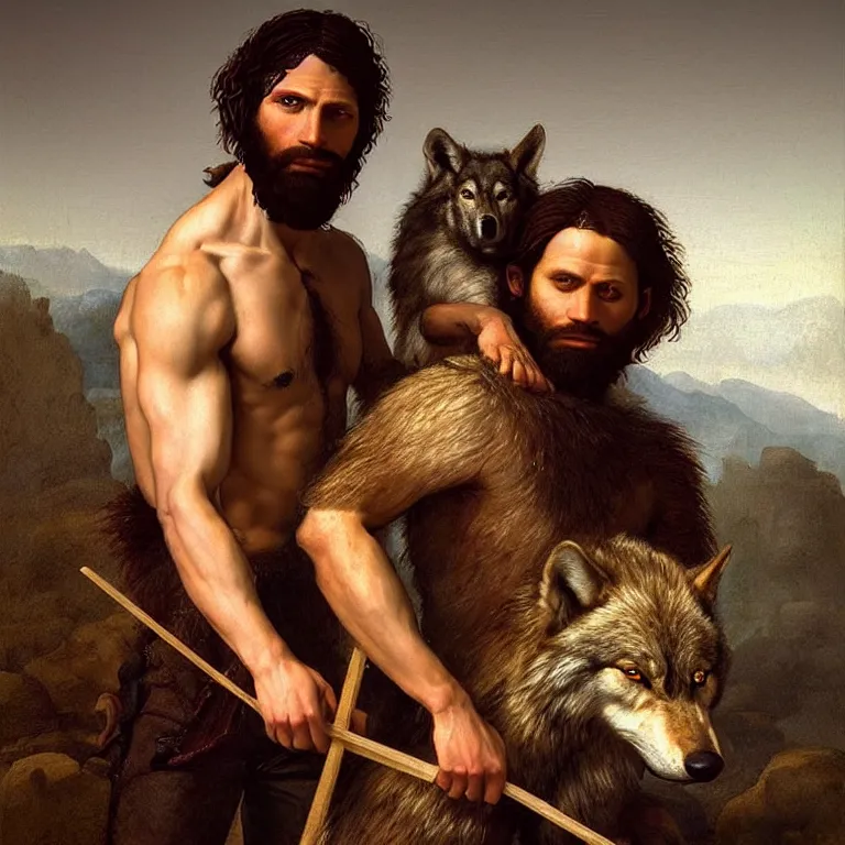 Image similar to renaissance painting full body portrait of a gruff ranger and his wolf, lean and toned, handsome face, hairy chest and hairy body, D&D, intricate, elegant, highly detailed, digital painting, artstation, concept art, matte, sharp focus, chiaroscuro, well list, illustration, art by Da Vinci, Artgerm and Greg Rutkowski and Alphonse Mucha