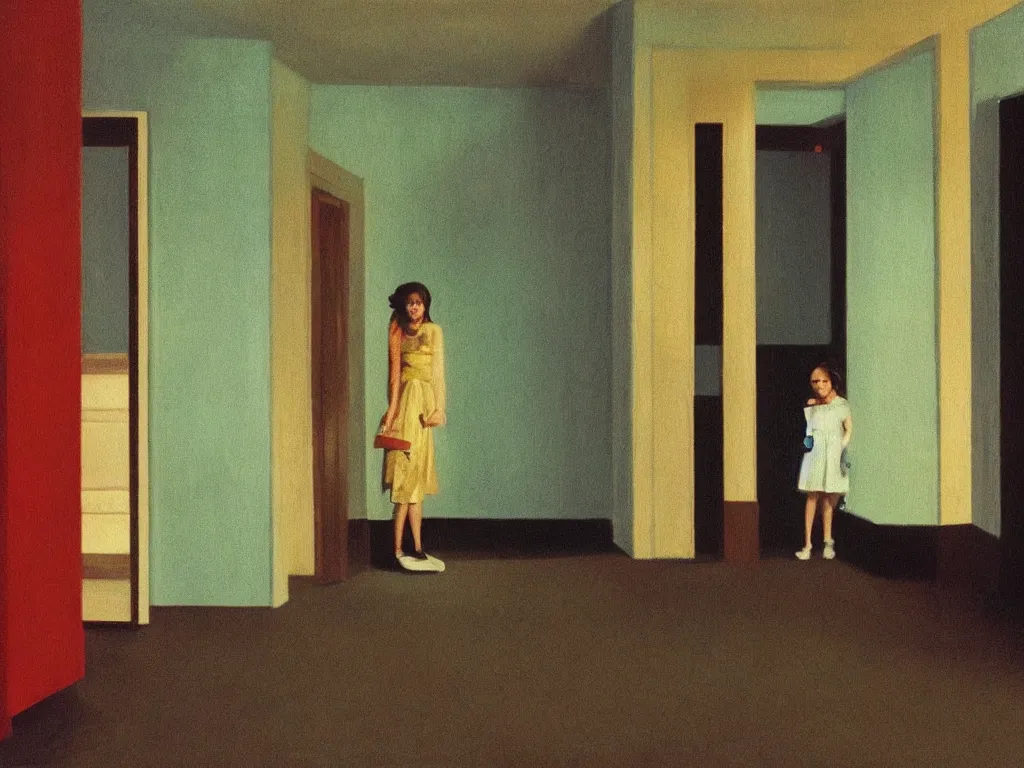 Prompt: the shinning hotel hallway, 70s, americana vibrant colors, dim, dark, lone scary silhouette in the distance, cinematic, Gregory Crewdson style, ultra view angle view, realistic detailed painting by edward hopper