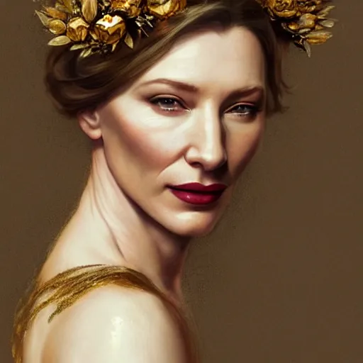 Image similar to Portrait of cate blanchett wearing a floral crown, olive skin, long dark hair, beautiful bone structure, shiny gold background, intricate, elegant, highly detailed, digital painting, artstation, concept art, smooth, sharp focus, illustration, art by artgerm and greg rutkowski and alphonse mucha