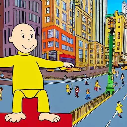 Image similar to curious george caillou cartoon in the big city. new york city concrete jungle.