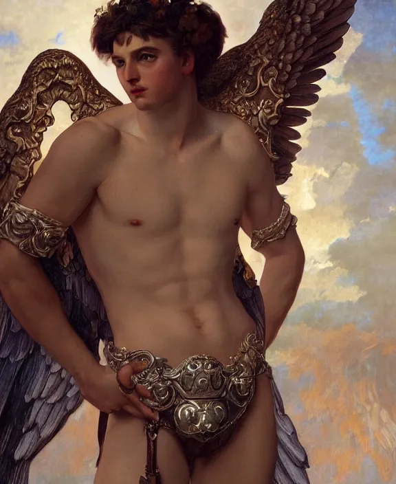 Prompt: a detailed hyperrealistic renaissance male angel wearing an intricate leather garters set, honey birdette, realistic renaissance portrait, highly detailed, digital painting, artstation, concept art, smooth, sharp focus, cinematic lighting, art by artgerm and wlop and alphonse mucha and jacques louis david and john william godward