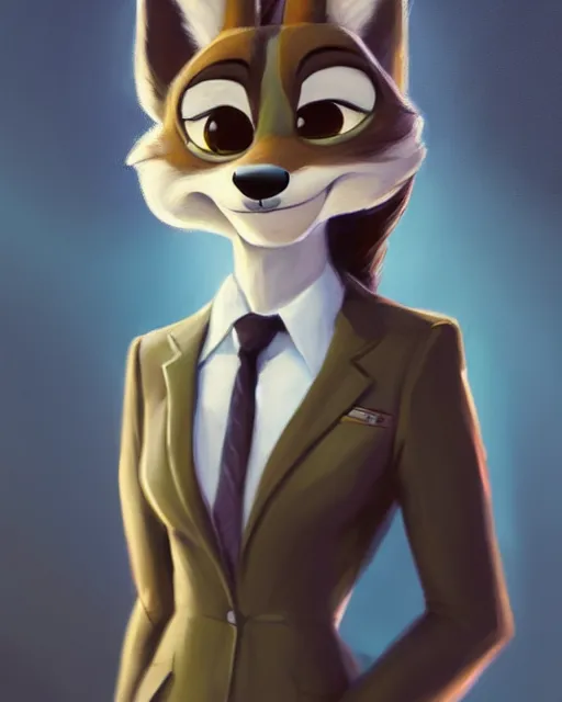 Image similar to oil painting of anthromorphic female wolf, in style of zootopia, female fursona, furry, furaffinity, 4 k, deviantart, furry art, fursona art, wearing black business suit, business suit, wolf fursona, female, smug expression,