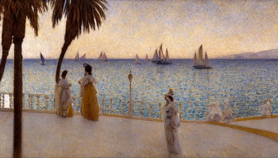 Image similar to a ultradetailed beautiful painting of the night sky of the great greek river golden white palace balustrade designed by jules bastien - lepage, tarsila do amaral, frank weston and gustave baumann, beach, trending on artstation, mediterranean, palm trees, sharp focus, sail boats, soft light, 8 k 4 k