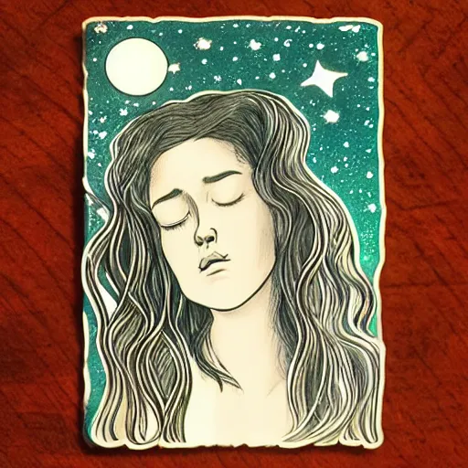 Image similar to Experimental art. A beautiful illustration of a young girl with long flowing hair, looking up at the stars. She appears to be dreaming or lost in thought. sticker illustration, pewter by Tibor Nagy exciting, rich