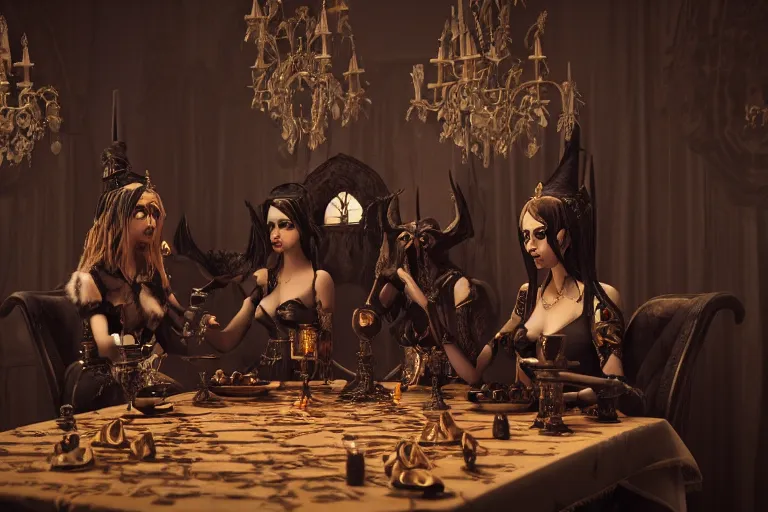 Image similar to dark witches sitting at a table doing a ritual. Ornate details, award winning. Octane render, 4k, 8k, unreal 5, very detailed, hyper control-realism, trending on artstation.”