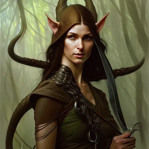 Image similar to portrait of a elven ranger, dark, piercing eyes, gentle expression, elegant clothing, photorealistic, highly detailed, artstation, smooth, sharp focus, art by michael whelan, artgerm, greg rutkowski and alphonse mucha