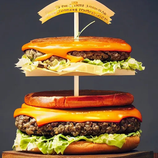 Image similar to a photograph of a giant cheeseburger tower, cooked to perfection, chefs table, netflix, gourmet, three michelin star