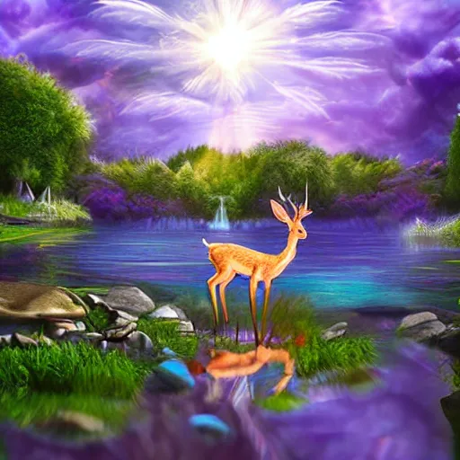 Image similar to fantasy photography wide angle waterside deer fairy ultrarealistic 1 5 0 mpx