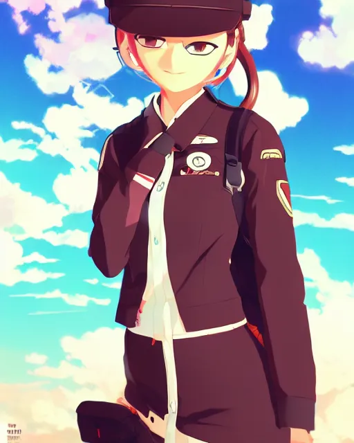 Image similar to Anime girl is dressed in plane pilot uniform. Anime. by lois van baarle, ilya kuvshinov, rossdraws, Ghibli marker anime art, manga concept Blizzard pixar maya engine on stylized background splash comics global illumination