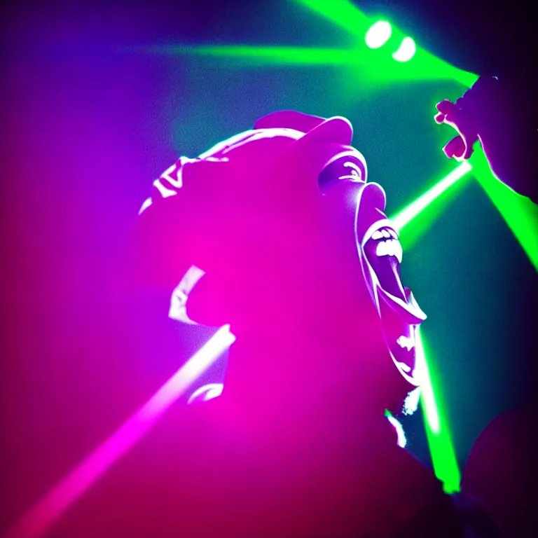 Image similar to rapper laughing into microphone, epic angle, profile view, silhouetted, distinct, psychedelic hip-hop, laser light show, beams of light