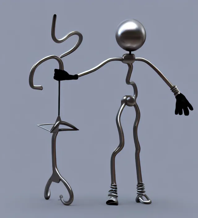 Prompt: 3 d studio render simplistic!!! minimalistic!!!! character concept for a cartoon metal character with a round metal head, a body made of metal poles, arms made of scissor crane arms, metal gloves. flexible!!!!! trending on artstation, octane render, unreal engine 5 render