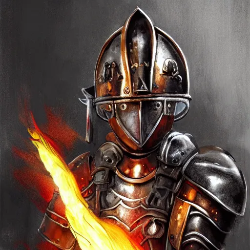 Image similar to An old man wearing knights armour and a fire fighters helmet, full view, highly detailed, digital art, sharp focus, trending on art station, anime art style