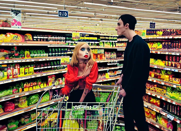 Image similar to 28mm photo of a woman and man in supermarket, in the style of David cronenberg ,scary, weird, high fashion, ID magazine, vogue magazine, homes and garden magazine, surprising, freaky, freak show, realistic, sharp focus, 8k high definition, medium format film photography, photo realistic, insanely detailed, intricate, elegant, art by yoshitaka amano and David kostic and stanley lau and artgerm