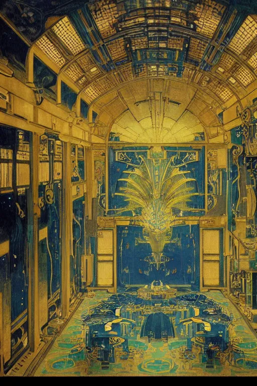 Prompt: renaissance painting of the interior of a science fiction art deco palace ballroom on Cybertron. dark-blue, light-blue, dark-green, gold, silver, black. kintsugi, fractal, moody, intricate detail, hyperrealism, cinematic, volumetric dust lighting, epic. by Roger Deakins, Moebius, Alphonse Mucha, Wiktor Ohman