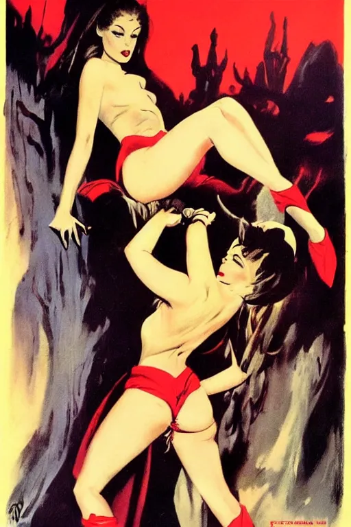 Prompt: retro movie poster. vampire babes. frank frazetta