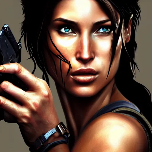 Image similar to lara croft, hyper detailed masterpiece, digital art painting, hyper realism aesthetic