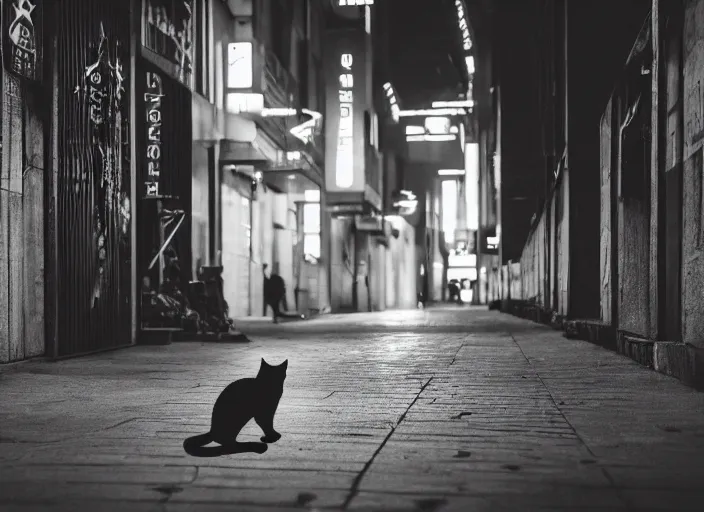 Image similar to photography of a Cat carrying a backpack . in a cyberpunk street. award winning photo, led lighting, night, 24mm, sharp, high res