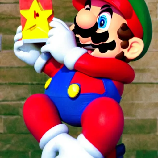 Image similar to a large super mario smiling while holding a screaming crying kid in his arms